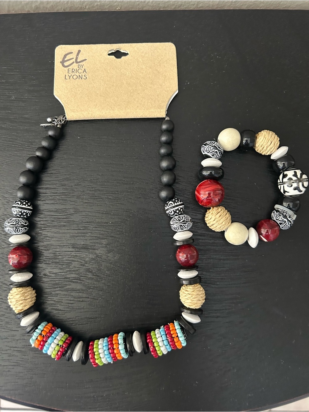 Erica Lyons Black, Red, Tan & Multicolor Beaded Necklace and Bracelet Set